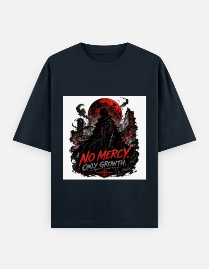 Oversized crew-neck tee, navy, front “NO MERCY” graphic with red moon and skull