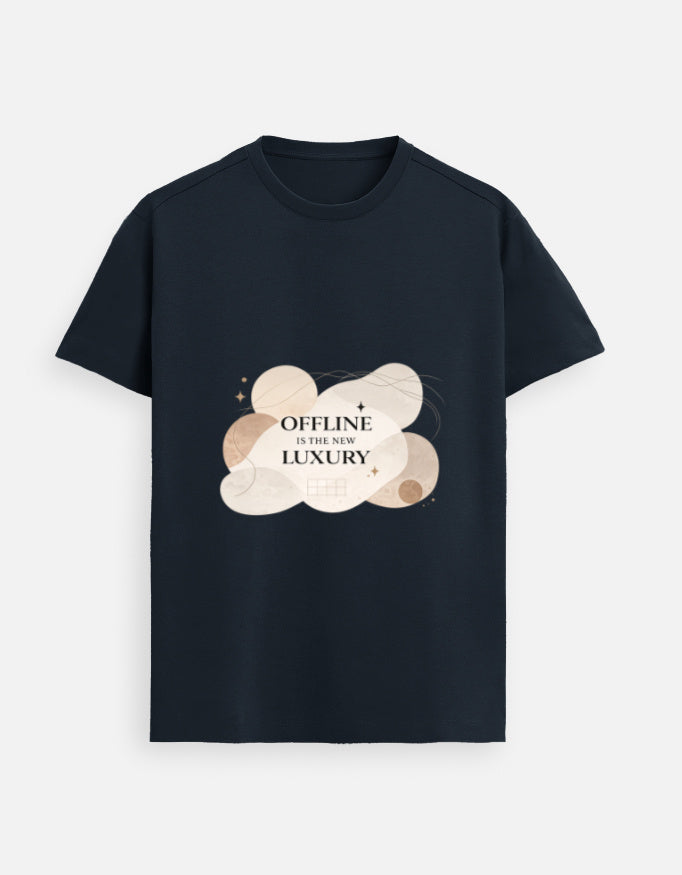 Navy blue unisex graphic tee, crew neck; heart-cloud “OFFLINE is the new LUXURY” print