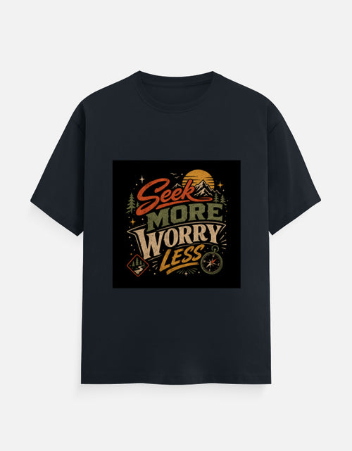 Navy crew-neck T-shirt with square 'Seek more worry less' graphic