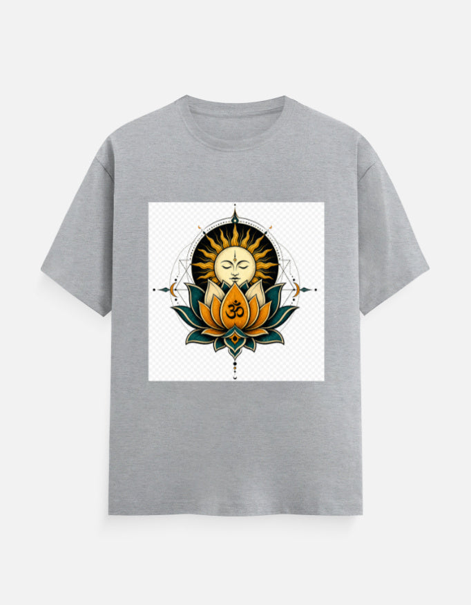 Grey crew-neck T-shirt with front lotus meditation graphic print.