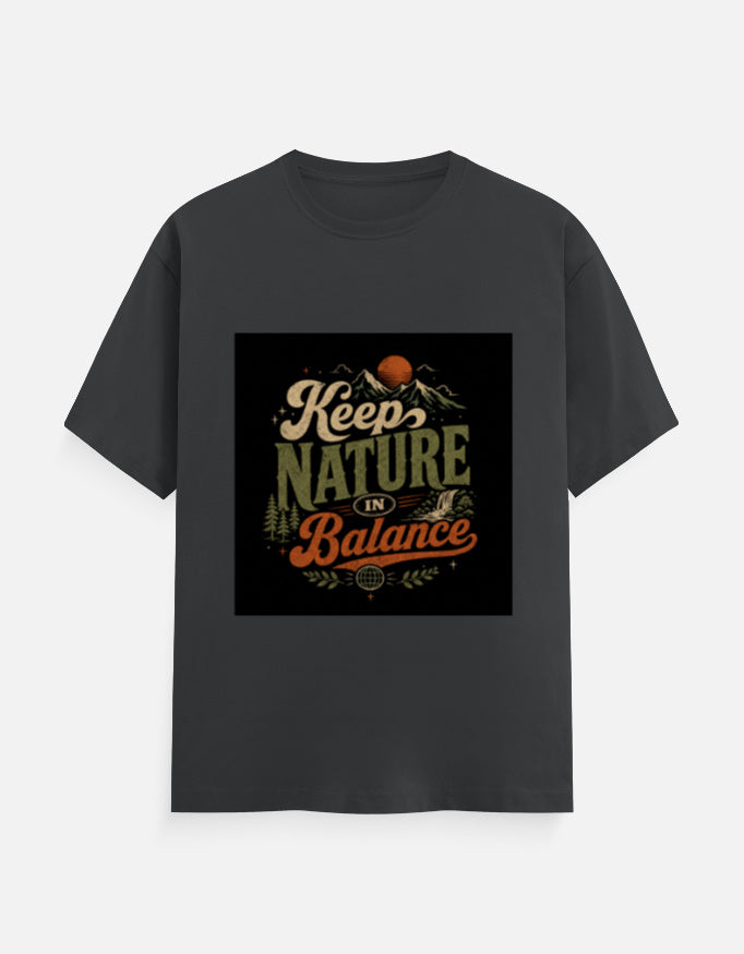 Crew tee in dark gray with “Keep Nature Balance” nature graphic on front