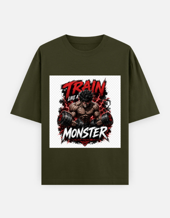 Oversized classic tee in olive green with front monster graphic and red lettering