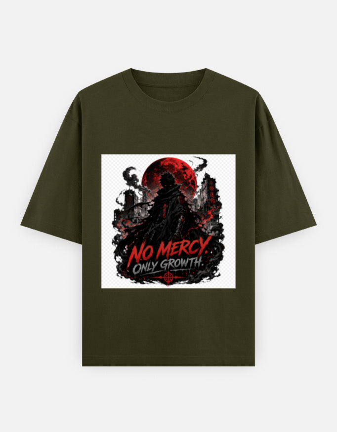 Olive green oversized crew-neck T-shirt with square front graphic print
