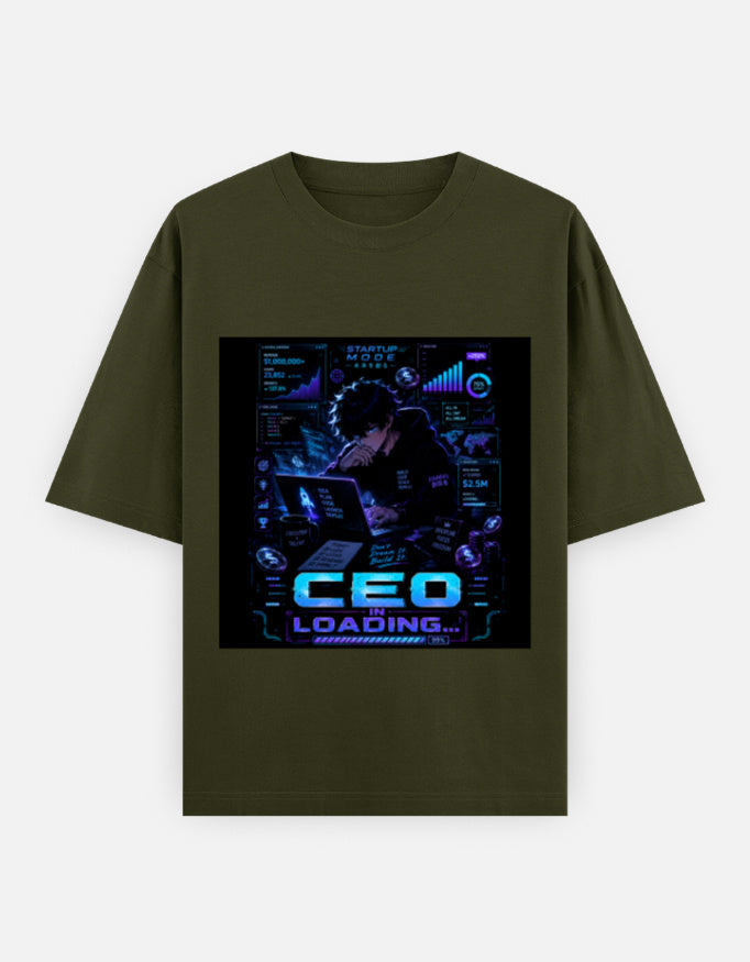 Olive green oversized drop-shoulder T-shirt with front graphic print
