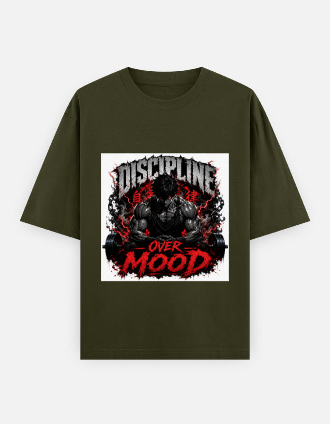 Dark green oversized tee with “Discipline” graphic, “Over Mood” red print on front