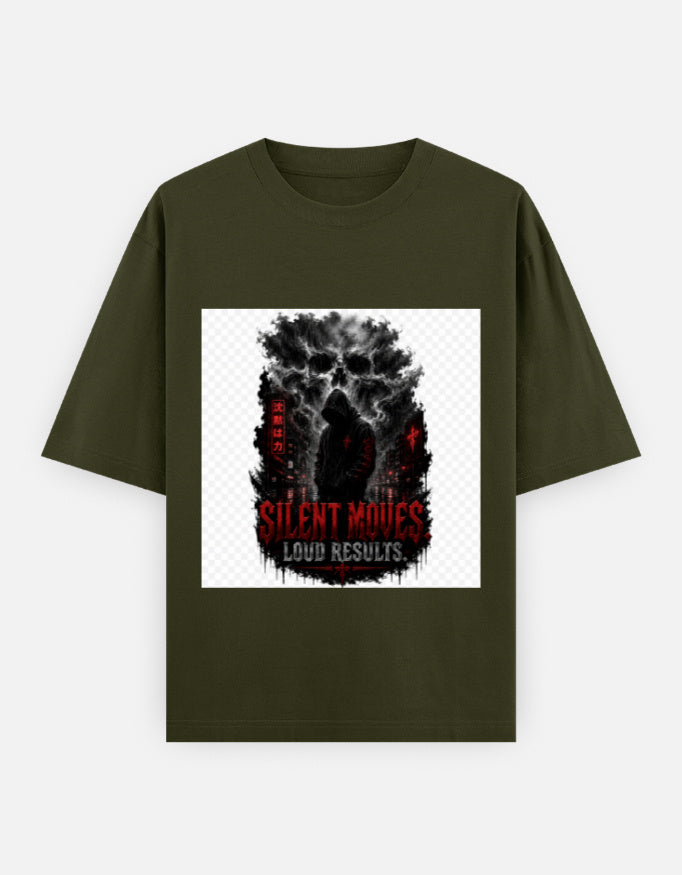 Oversized classic tee, olive green, square graphic with black figure and red text.