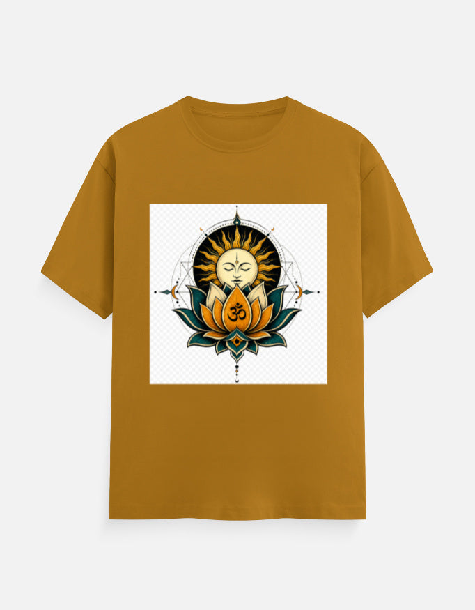 Golden yellow crew-neck T-shirt with front lotus meditation graphic print.