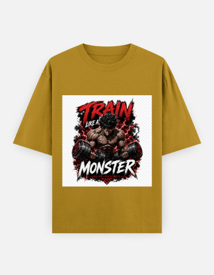 Oversized classic tee in mustard yellow with front monster graphic and red lettering