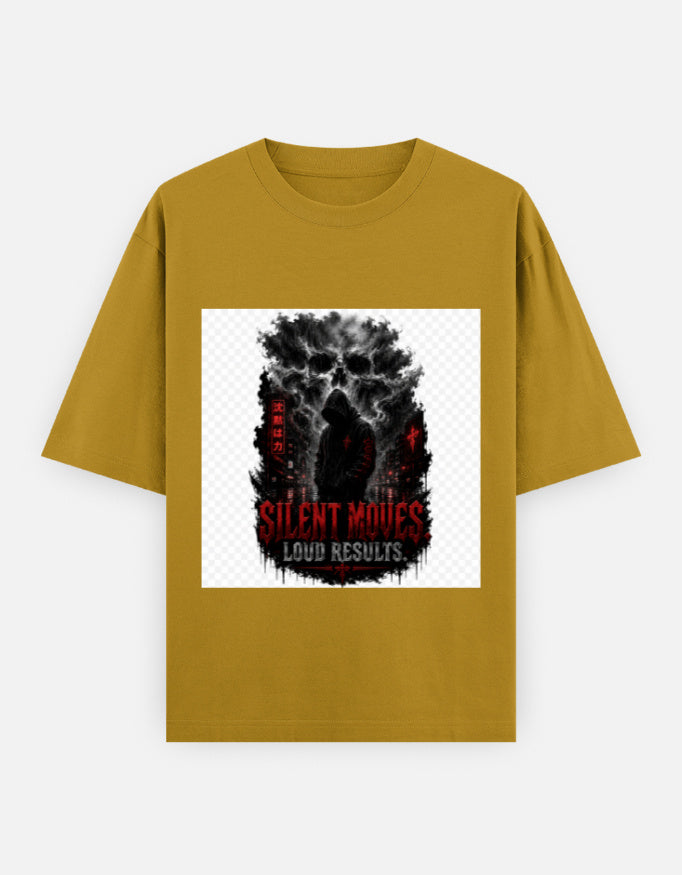 Oversized classic tee, golden yellow, square graphic with black figure and red accents.