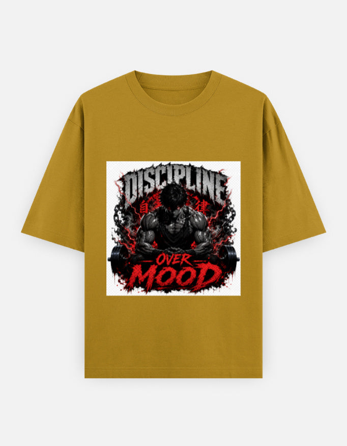 Yellow oversized tee with “Discipline” graphic and “Over Mood” red text on front