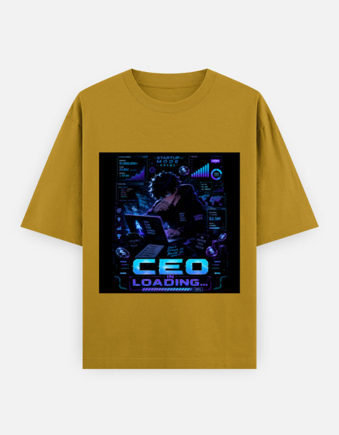 Mustard yellow oversized drop-shoulder T-shirt with front graphic print