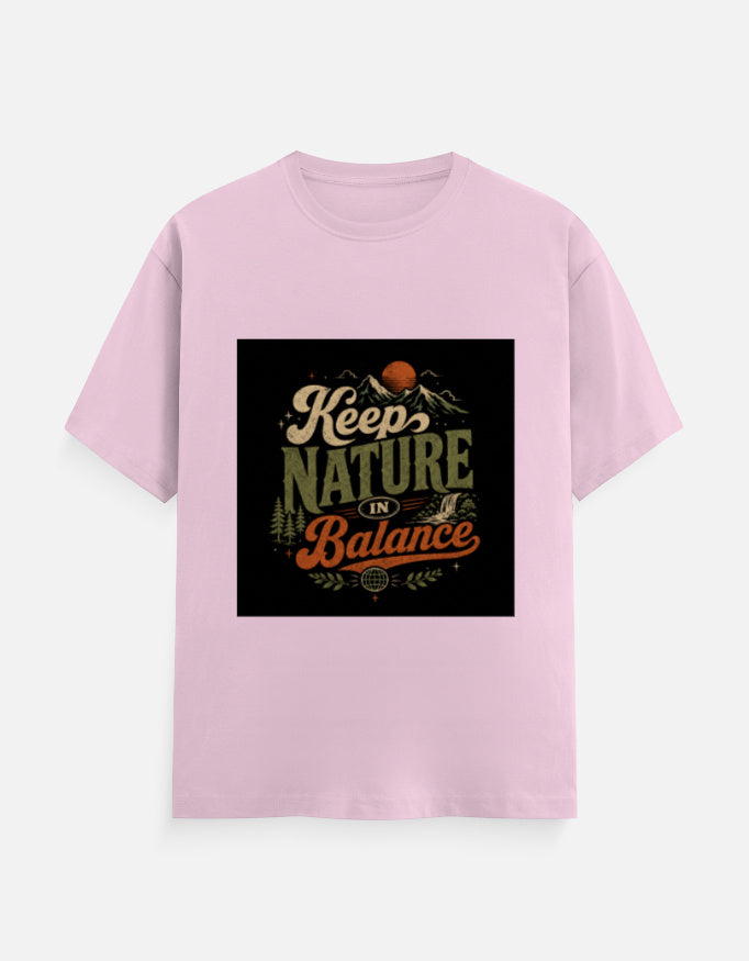 Light pink crew neck T-shirt with front nature balance graphic print
