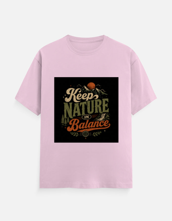 Crew tee in light pink with “Keep Nature Balance” nature graphic on front