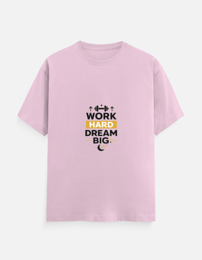 Light pink crew-neck T-shirt with “WORK HARD DREAM BIG” front graphic
