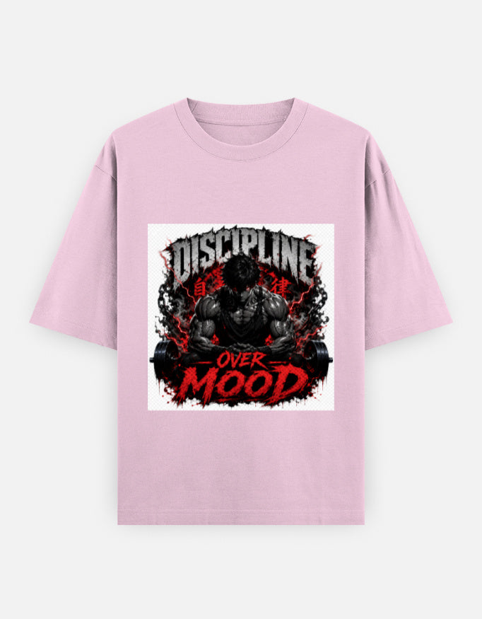Pink oversized tee with “Discipline” graphic and red “Over Mood” text on front