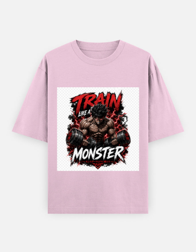 Oversized classic tee in light pink with front monster graphic and red lettering