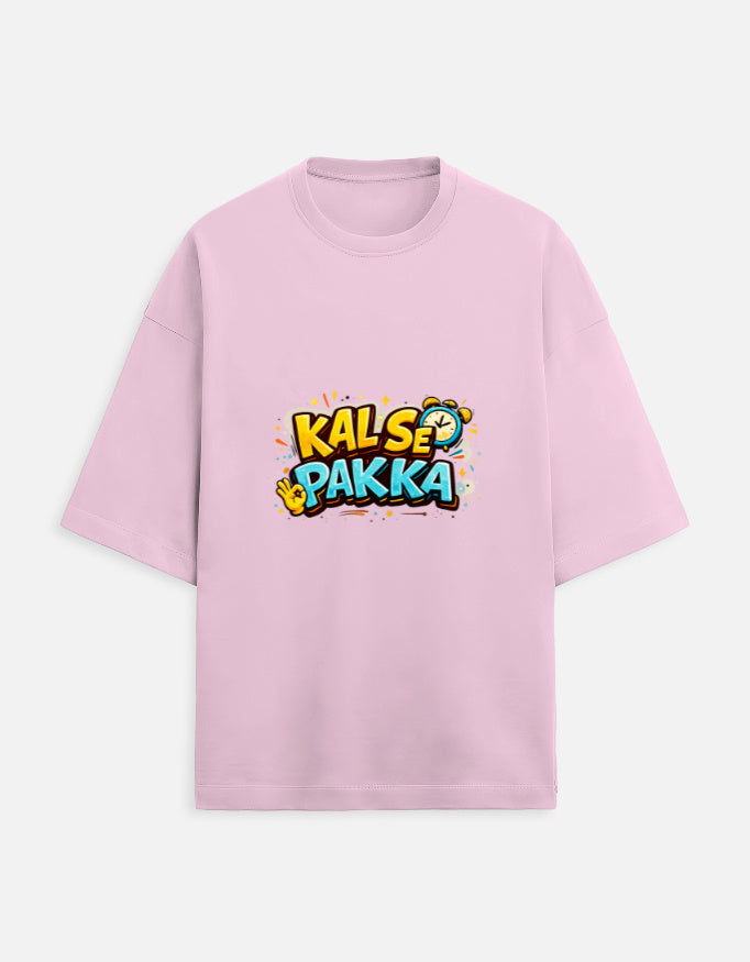 Unisex terry oversized tee, light pink, front “KAL’S E PAKKA” graphic print