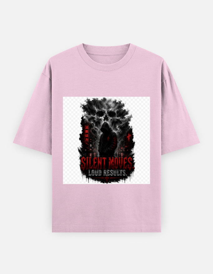 Oversized classic tee, light pink, square graphic with black figure and red highlights.