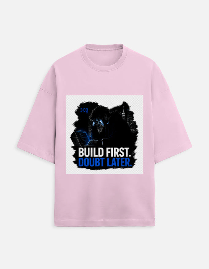 Unisex oversized terry T-shirt in light baby pink with front graphic print