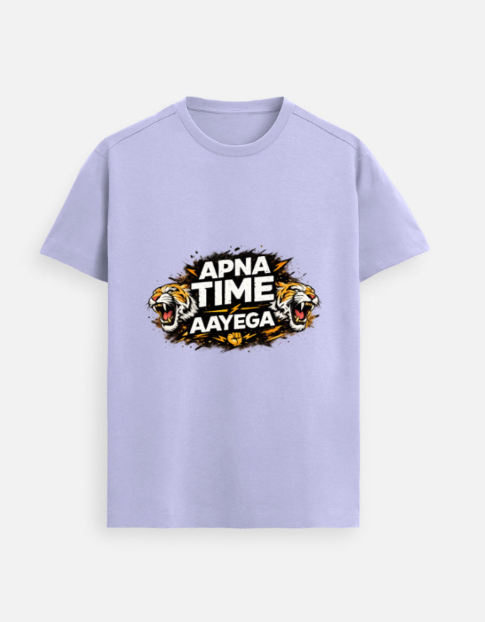 Lavender unisex graphic tee with APNA TIME AAYEGA text and twin tiger face print