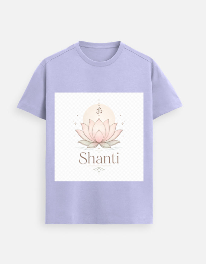 Lavender graphic tee with lotus and “Shanti” front print