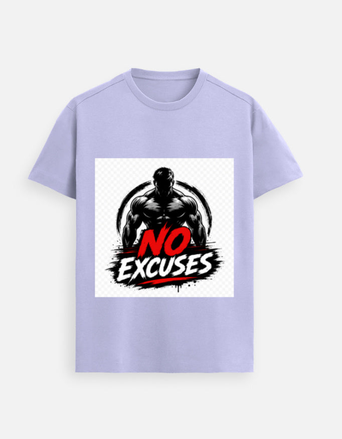 Lavender graphic tee with 'NO EXCUSES' muscular figure print on center front