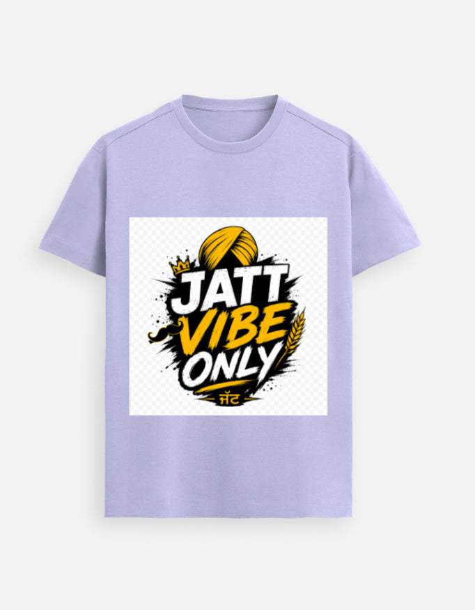 Lavender graphic crewneck T-shirt with “JATT VIBE ONLY” front print in yellow and black