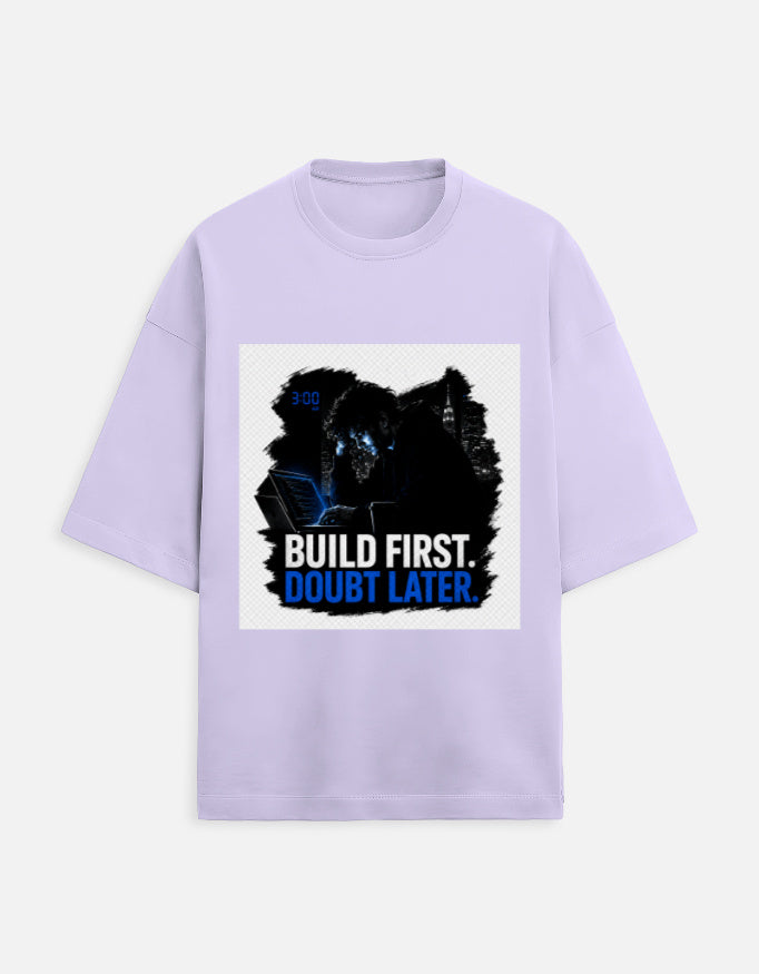 Unisex oversized terry T-shirt in lavender with front graphic print