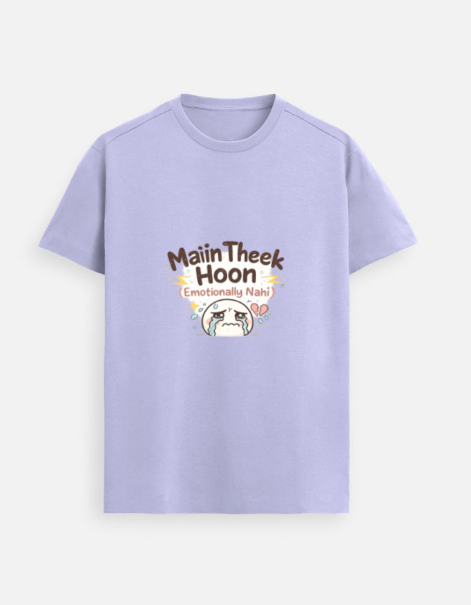 Lavender crewneck T-shirt with front graphic text and cute character illustration.