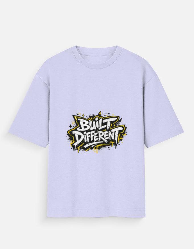 Oversized graphic tee, lavender crew neck, short sleeves, 'Built Different' logo front