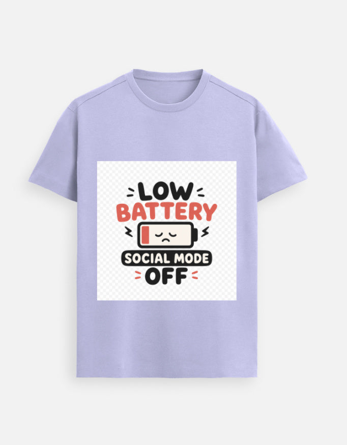 Lavender graphic tee with “Low Battery” and “Social Mode Off” print