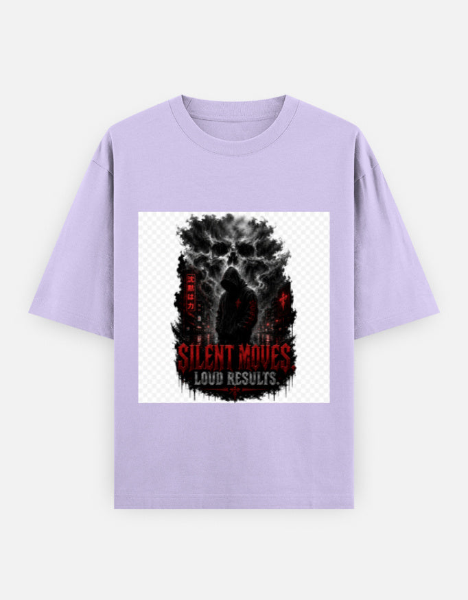 Oversized classic tee, lavender, square graphic with black figure and red details.