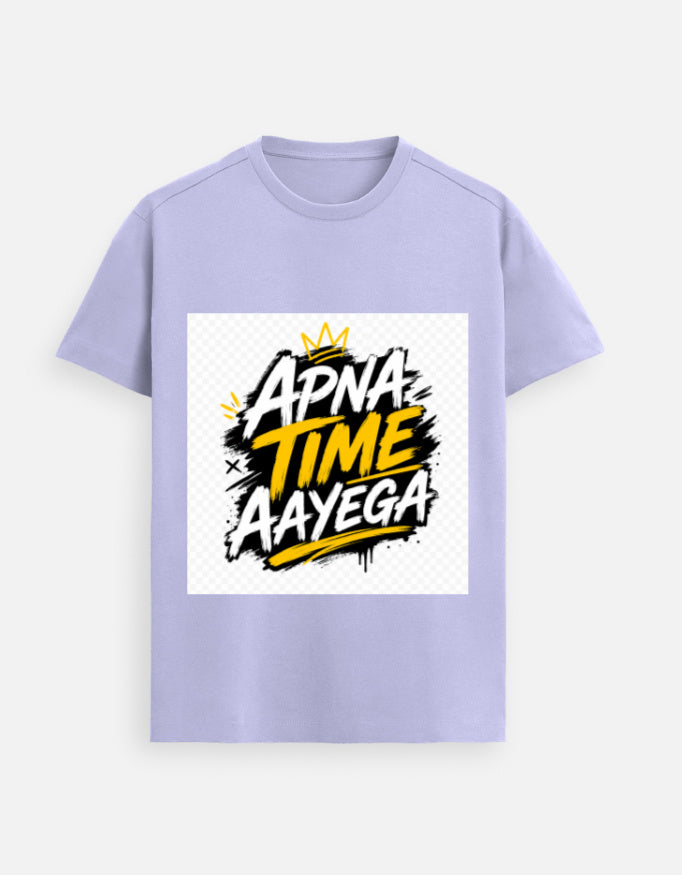 Lavender graphic tee with front “APNA TIME AAyeGA” logo print
