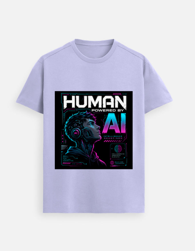 Lavender graphic T-shirt with bold square AI-themed front print