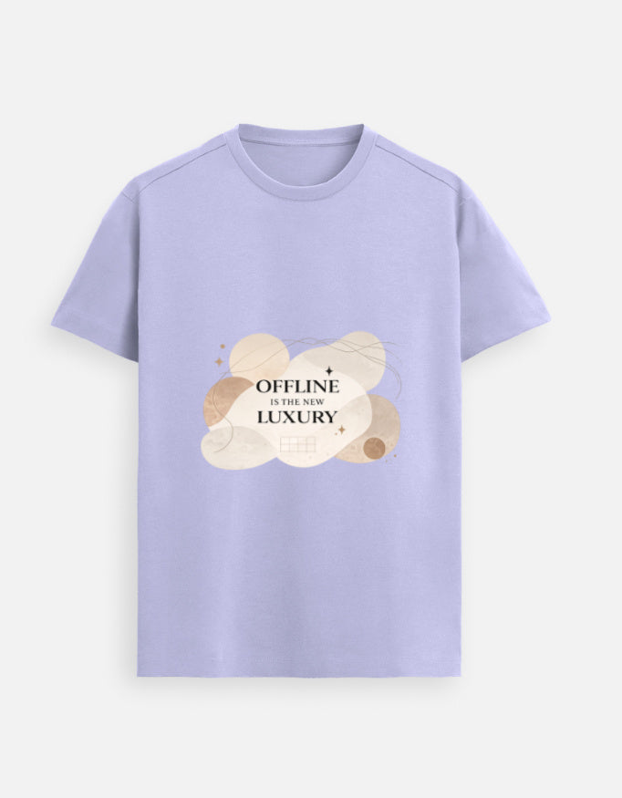 Lavender unisex graphic tee, crew neck; heart-cloud “OFFLINE is the new LUXURY” print