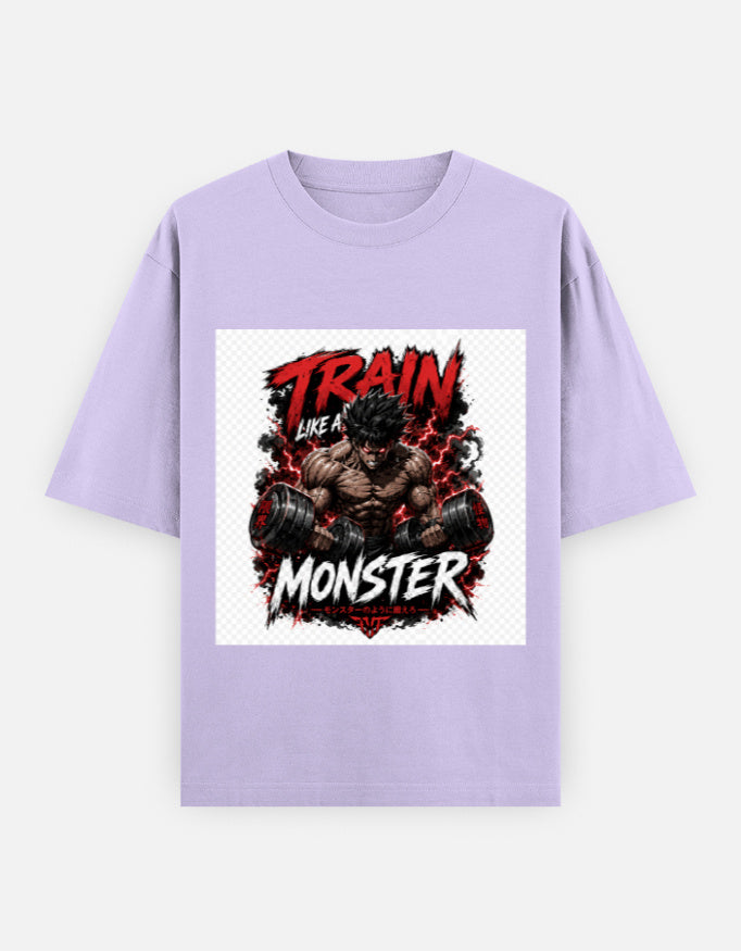 Oversized classic tee in lavender purple with front monster graphic and red lettering