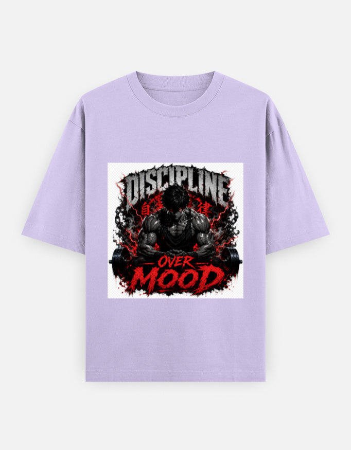 Lavender oversized tee with “Discipline” graphic and red “Over Mood” text on front