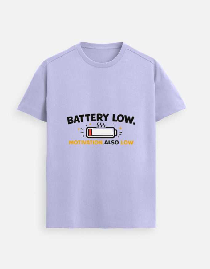 Lavender graphic crewneck tee with 'BATTERY LOW' and 'MOTIVATION ALSO LOW' print