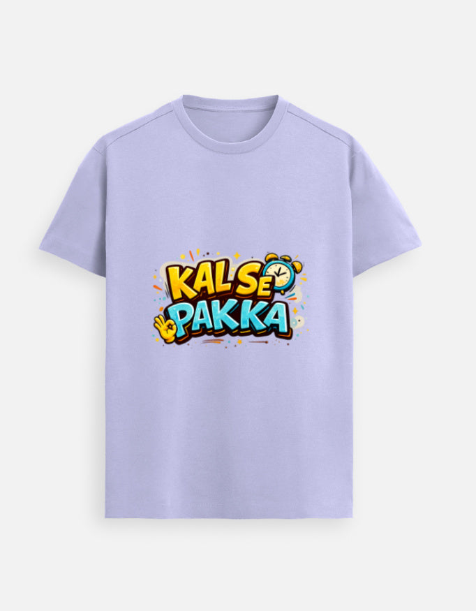 Lavender crew-neck blank tee with front graphic print; short sleeves.