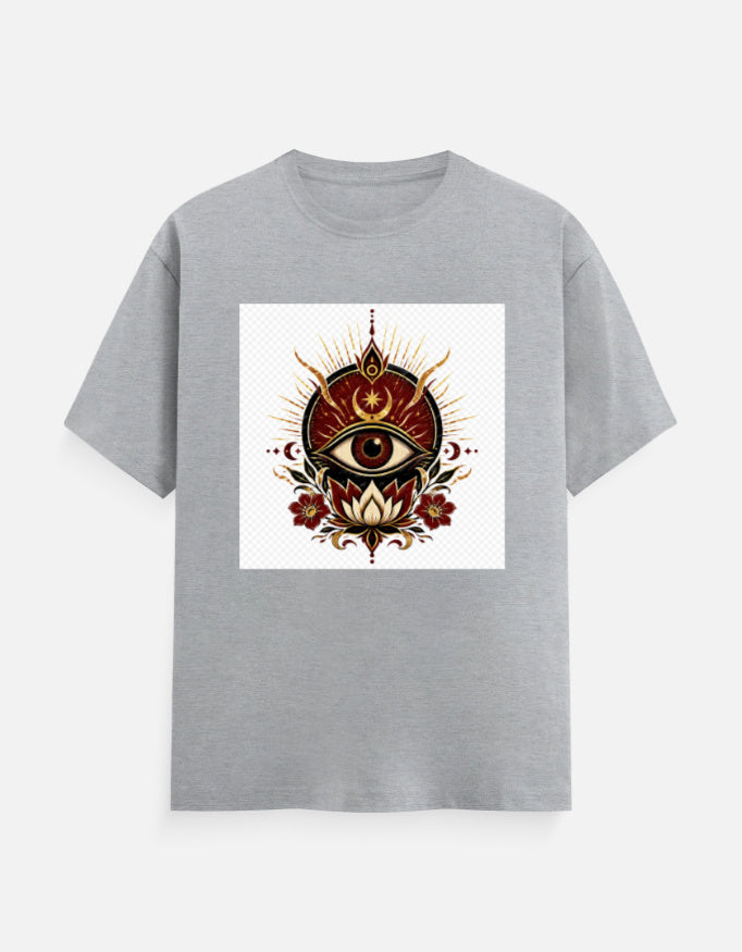 Grey melange crew-neck T-shirt with front eye graphic print