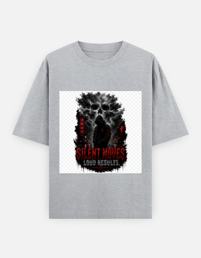 Oversized light gray classic tee with front graphic print, short sleeves, crew neck