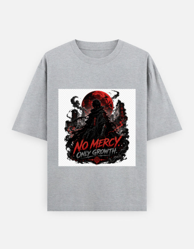 Oversized crew-neck tee, grey, front “NO MERCY” graphic with red moon and skull