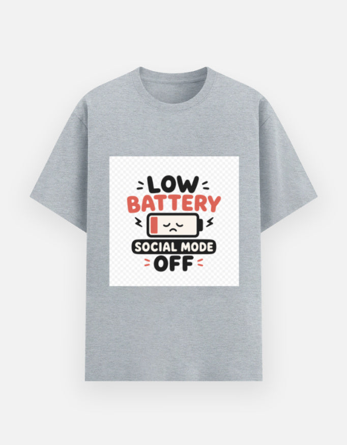 Grey melange unisex graphic t-shirt with “Low Battery Social Mode Off” battery icon