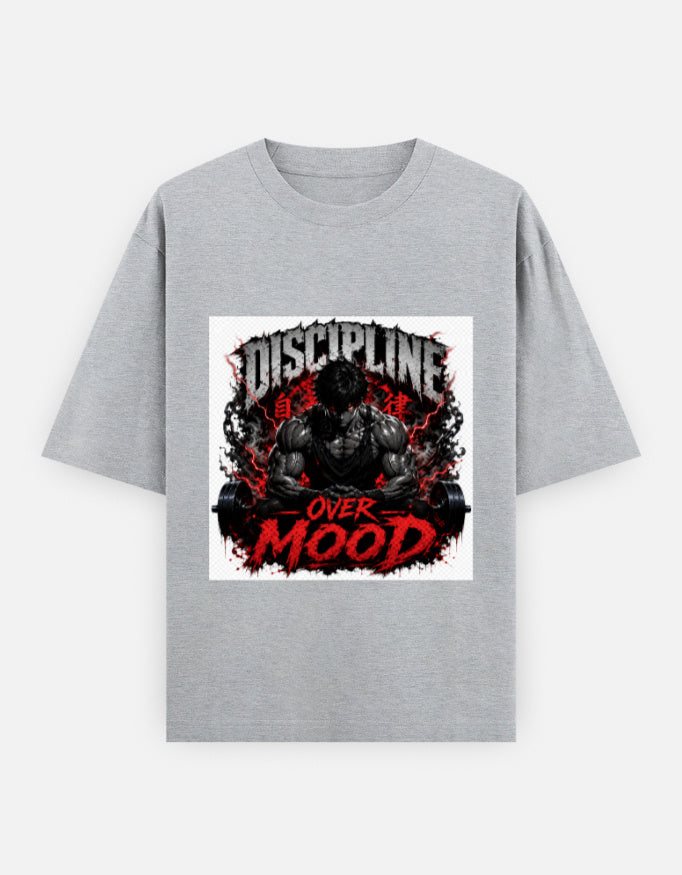 Oversized crewneck graphic tee, grey with red and black "Discipline Over Mood" print