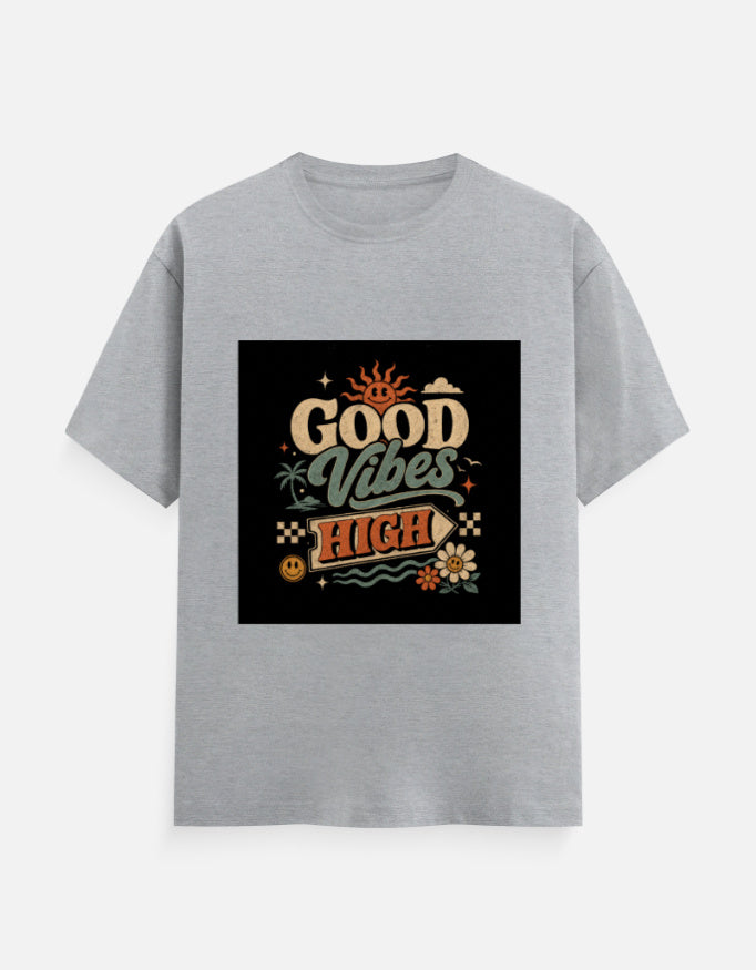 Light gray crew neck T-shirt with "Good Vibes High" graphic print on chest