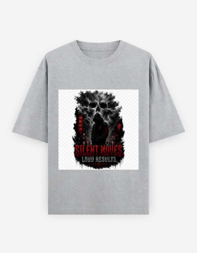Light grey oversized crewneck tee with front graphic print, short sleeves