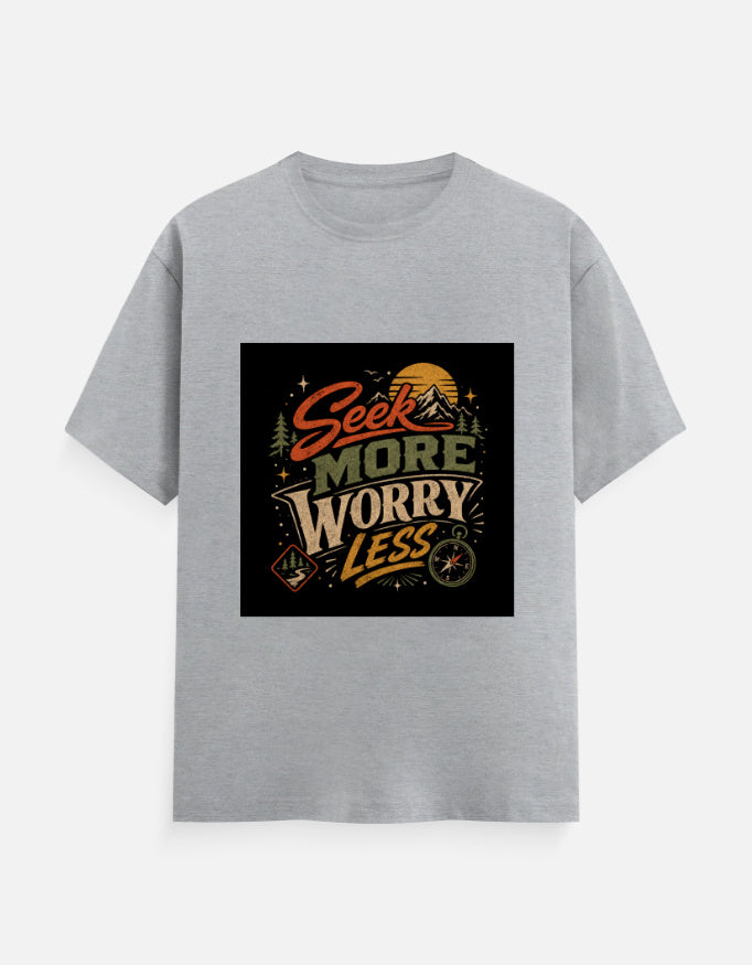Grey crew-neck T-shirt with square 'Seek more worry less' graphic