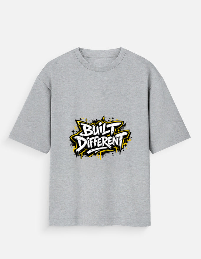 Oversized graphic tee, grey crew neck, short sleeves, 'Built Different' logo front