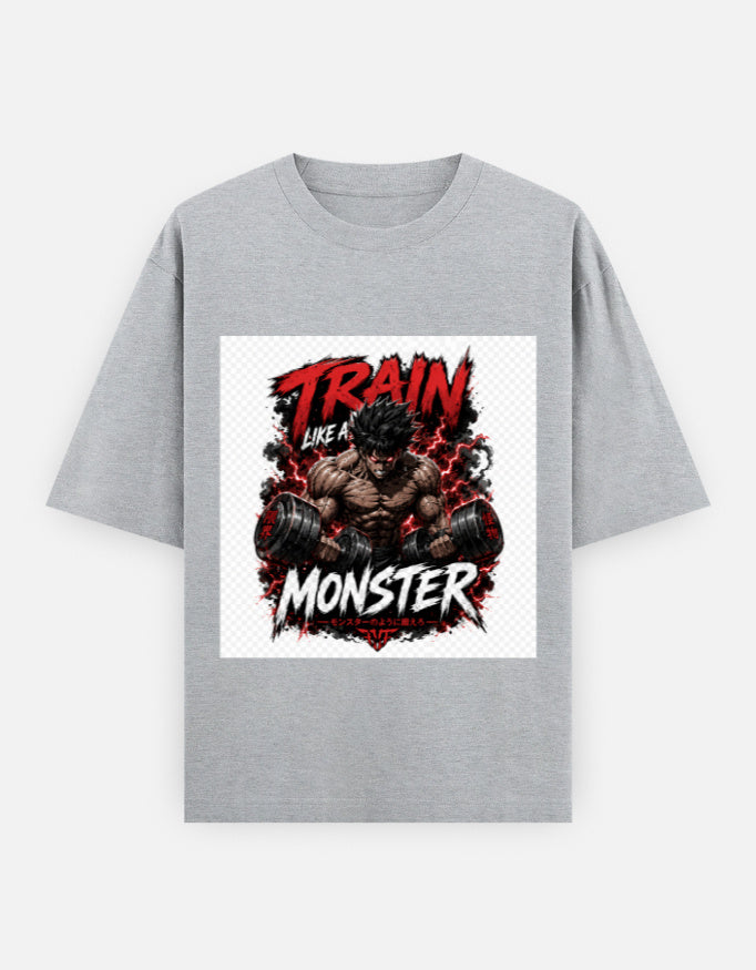 Oversized classic tee in light grey with front graphic of a monster and train flames.