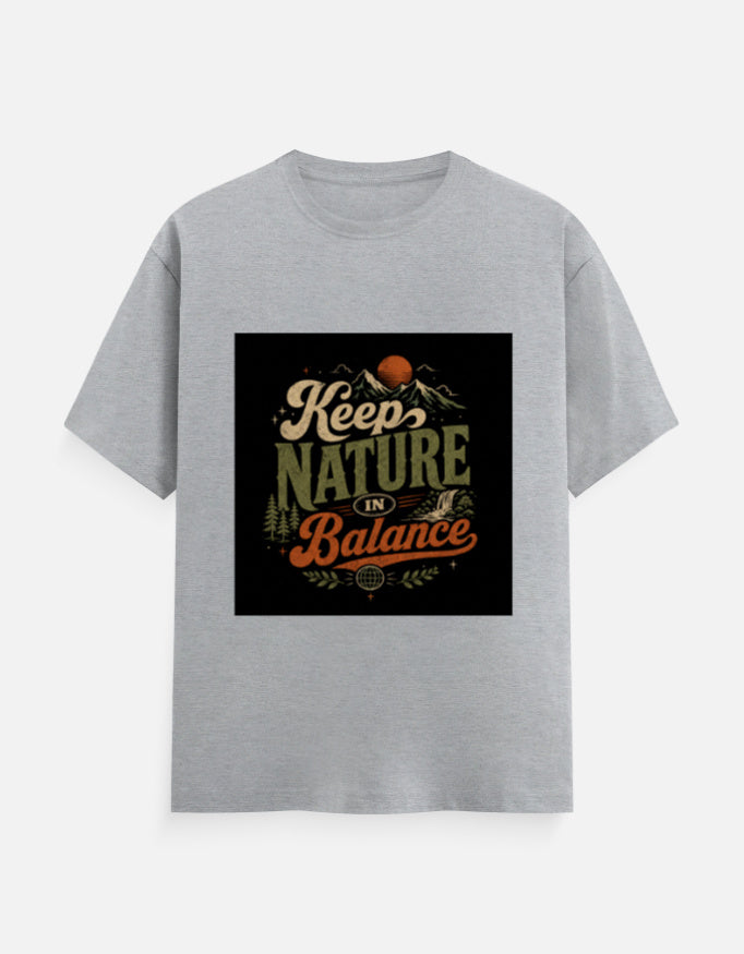Grey crew-neck T-shirt with 'Keep Nature Balance' nature logo print